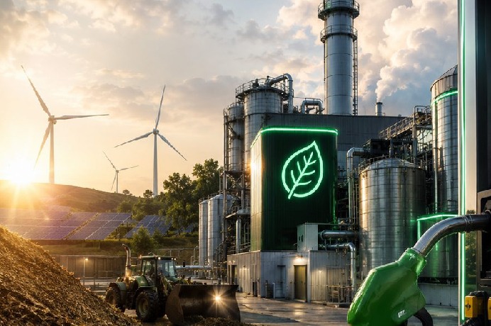 Waste-to-fuel processing facility with wind turbines